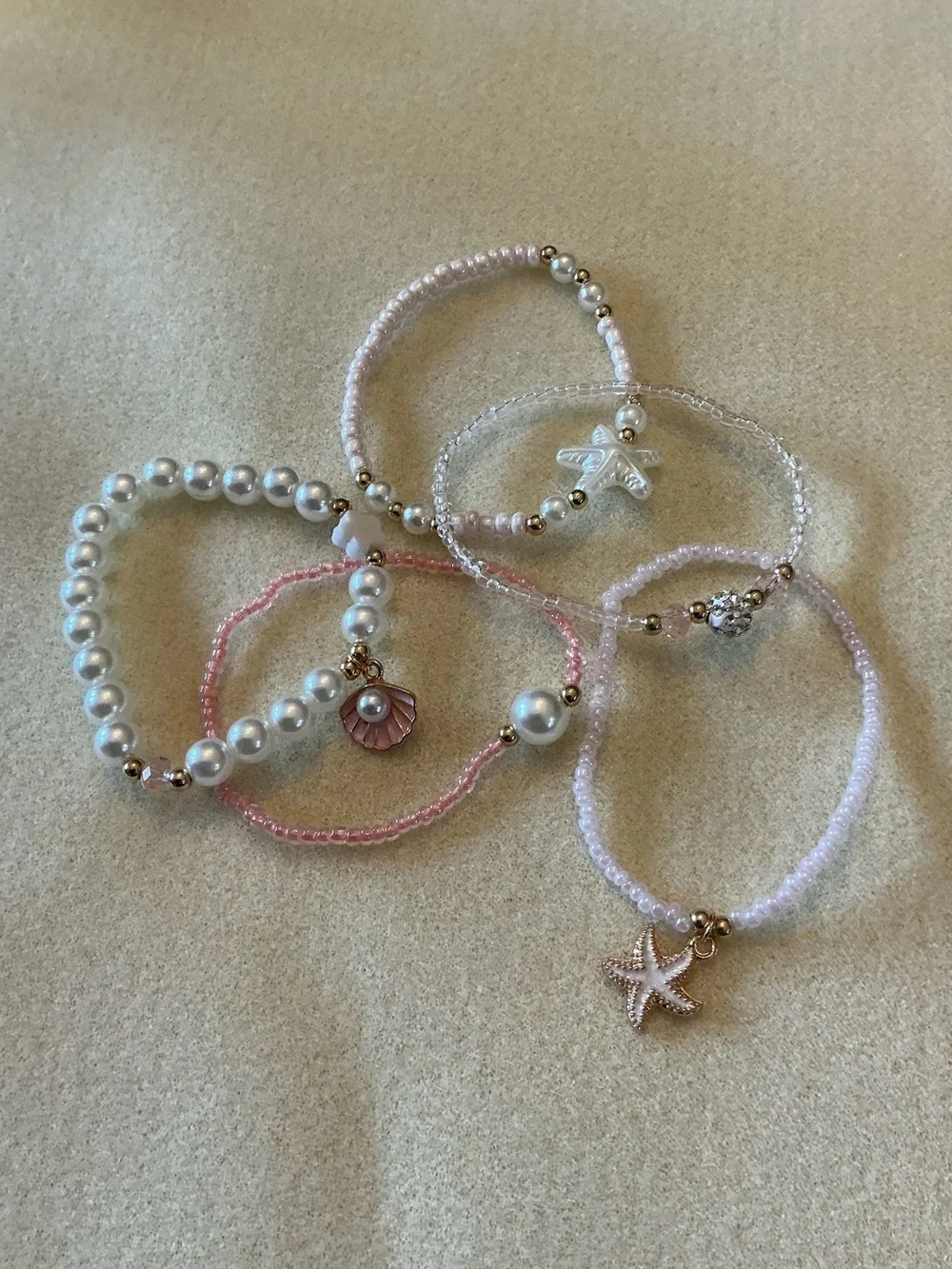 Kids Pearl & Charm Stretch Bracelet Set - Pink and White